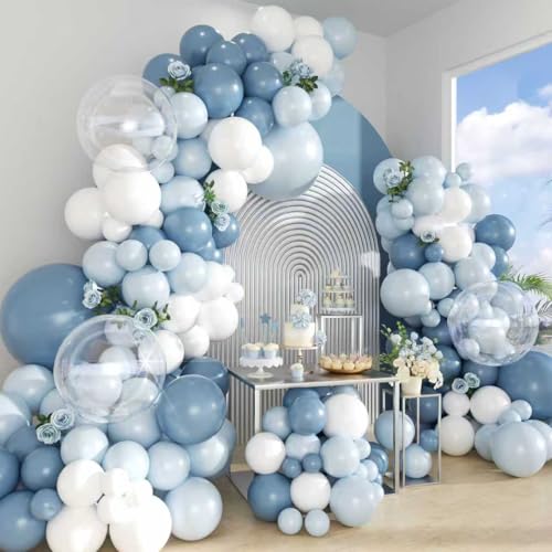 Image of Dusty Blue Balloon Arch Kit Maca Light Blue White Balloon Garland Bobo Balloons for Birthday Wedding Engagements Graduation Baby Shower Anniversary Party Decorations