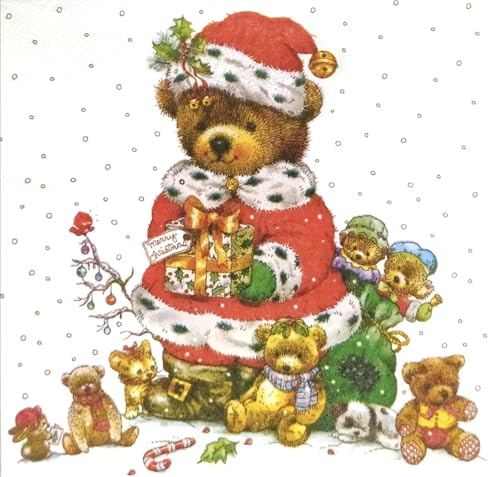 Set of 2 Individual Decoupage Paper Party Napkin Christmas Santa Bear Watercolor Decor Luncheon Napkins for a Birthday Holiday, Wedding, Cocktail Party
