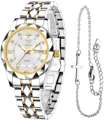 Vetra Watches for Women Ladies Analog Watch Diamond Roman Watch Numerals Dial White Two Tone Stainless Steel Band Day Date Luminous Waterproof Small Dial Wrist Watch Reloj para Mujer