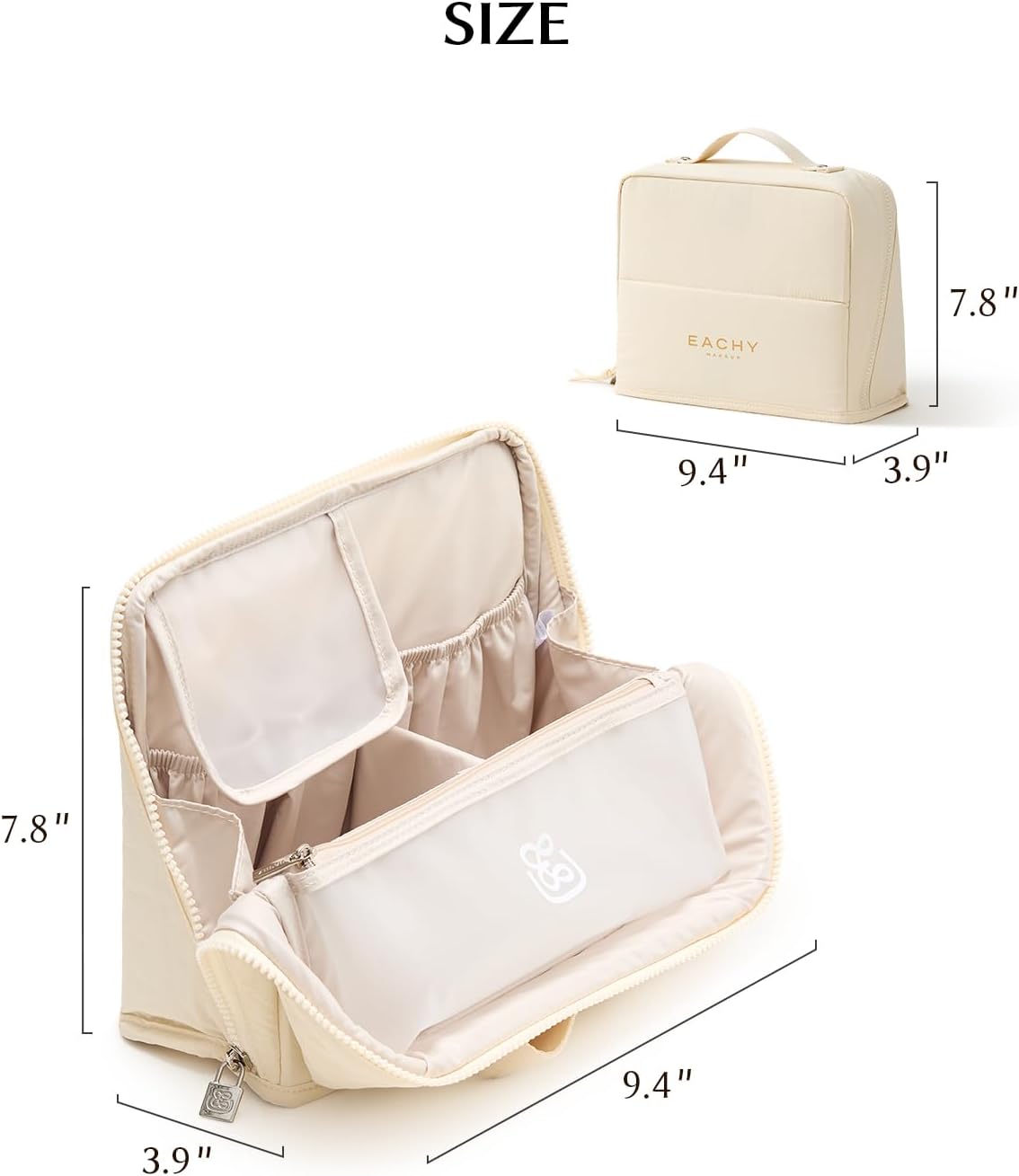 EACHY Standing Makeup Bag - Large Waterproof Cosmetic Bag & Toiletry Bag Organizer with Phone Holder, Detachable Dividers, Wipe-Clean Brush Pouch for Women