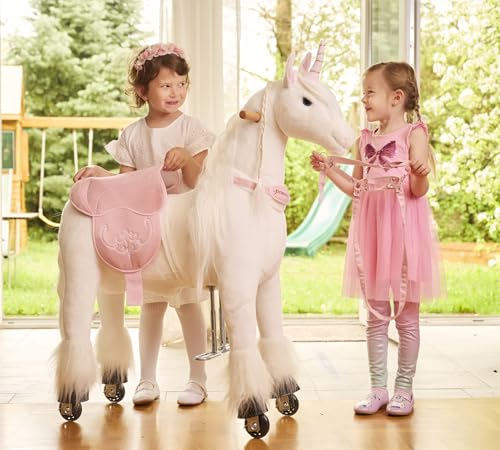 Ponnie Reitpferd mit Rollen Unicorn M (5-12 Jahre), Spielpferd zum Reiten mit Abnehmbarer Rosa Sattel und Halfter mit Zaumzeug, Kämmbare Mähne und Schwanz, Plüschpferd zum Reiten für Kinder