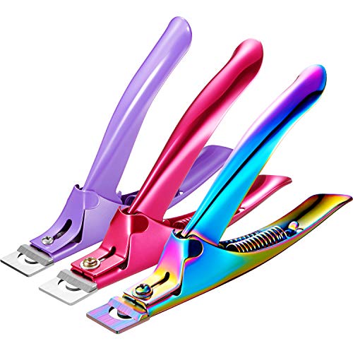 3 Pieces False Nail Clipper Acrylic Nail Tips Cutter Rustproof Stainless Steel Nails Clipper Kit Nail Catcher Trimmer Manicure Tool for Artificial Gel Acrylic Nail (Rose Red, Purple, Rainbow Color)