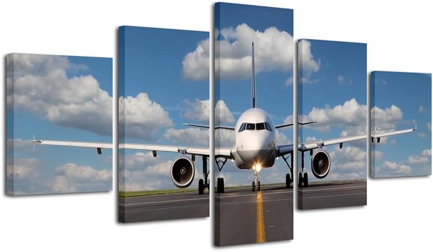 Pyradecor 5 Piece Canvas Prints Wall Art Skyline Pictures Paintings Ready to Hang for Living Room Bathroom Home Decor Large Modern Gallery Wrapped Giclee Landscape Air Plane Artwork L