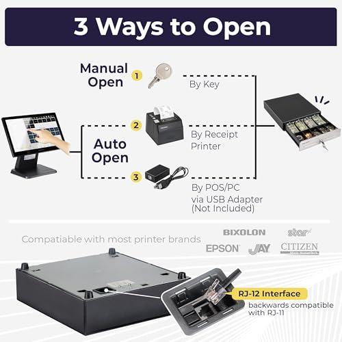 Image of Volcora 13 inch Cash Register Drawer for Point of Sale (POS) System, 4 Bill 5 Coin Cash Tray, Black and Stainless Steel Front Cash Drawers, Removable Coin Compartment, 12-24V, RJ11 /RJ12 Key-Lock