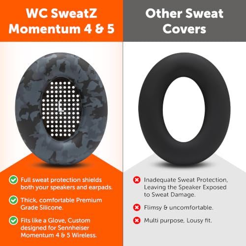 Image of WC SweatZ Momentum 4 - Patented Earpad Covers for Sennheiser Momentum 4 Wireless Over Ear Headphones by Wicked Cushions | Sweatproof & Easily Washable | Black Camo