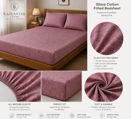 Image of Fitted Bedsheet Mauve 3D Floral Print Glace Cotton 210 TC | Queen Size for Double Bed Fits 5 x 6.5 ft Mattress (60 x 78 Inch) | All Around Elastic | 2 Pillow Covers | 10 Inch Deep Pocket