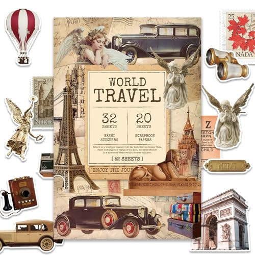 Image of 52 Sheets World Travel Stickers & Scrapbook Paper Set - Vintage Travel Themed for Scrapbooking Journaling Junk Journal Planner - Retro Adventure Stickers for DIY Crafts