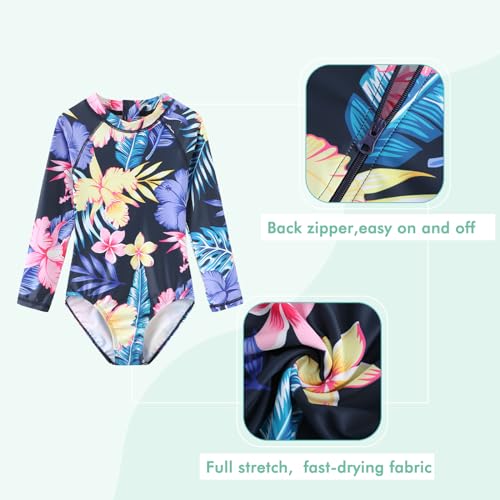 Image of Moon Tree Girls One Piece Swimsuits Long Sleeve Rash Guard Zipper Front Bathing Suit UPF 50+