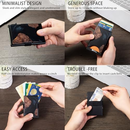 Image of Slim Card Holder Wallet for Men, Minimalist RFID Blocking Pop Up Wallet, Smart Metal Business Card Case Holds 12 Cards, Ultra-Thin Front Pocket Wallet, Gifts for Men