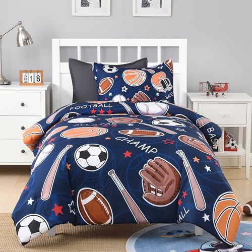 Image of Andency Soccer Basketball Baseball Football Comforter Set Twin(66 inchx90 inch), Sport Polyester Bedding Set for Boys Girls Kids Teens, Cartoon Ball Games Comforter 2 Pieces(1 Comforter, 1 Pillowcase)