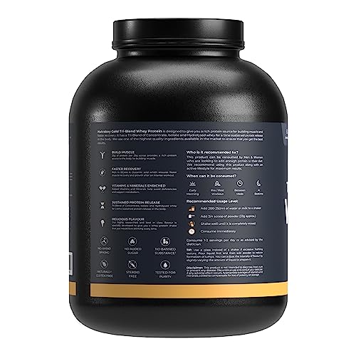 Image of Nutrabay Gold Tri Blend Whey Protein Powder (Hydrolyzed, Isolate & Concentrate) - 25g Protein, 5.6g BCAA, 4.2g Glutamic Acid - 2Kg, Vanilla Ice Cream