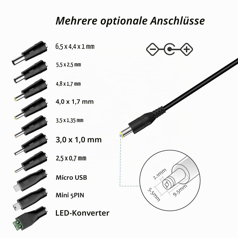 Zolt 45W Universal Netzteil AC zu DC 5V 6V 7.5V 9V 12V 13.5V 15V 3A Schaltnetzteil mit 10 DC-Stecker für Lautsprecher Tablet und mehr Haushaltselektronik, 3000mA Max.