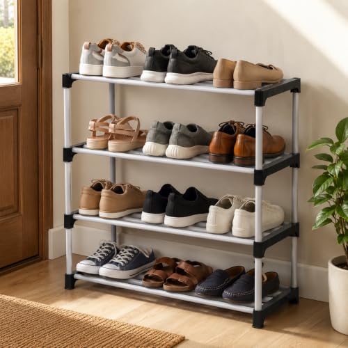 Image of EASY BUY 4 Layer Plastic Shoe Rack | Portable Space Saving Shoe Organizer | Durable Metal & Plastic Footwear Storage Stand | Multipurpose Shoe Shelf for Home, Bedroom, Entryway, Black.