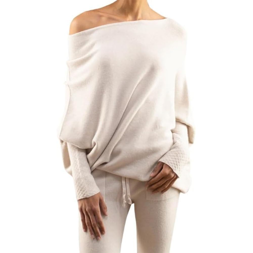 Movex Asymmetric Draped Jumper Asymmetrical Sweaters Off The Shoulder Oversized Pullover Sweater Knit for Women(White)