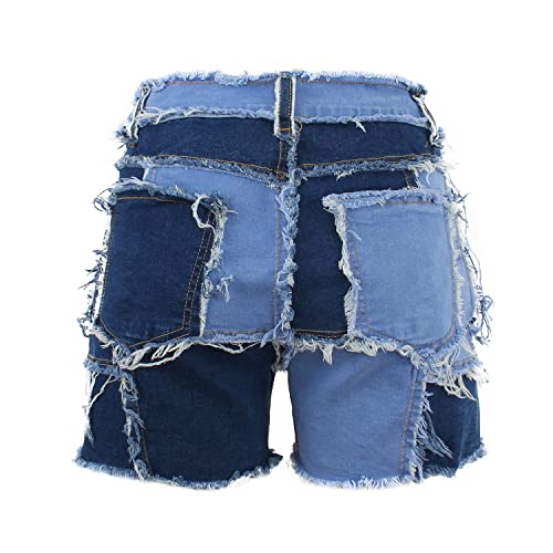 Pesion Women's Frayed Raw Hem Denim Paneled Shorts Drawstring Mid Waisted Jean Shorts With Pockets #TOP6