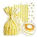 ADIDO EVA 200 Packs Cellophane Treat Bags Gold Polka Dot Cookie Bags and Gold Striped Candy Bags 10 x 6 x 2.5 inch Clear Plastic Treat Bags for Cookie Candy Snack Wrapping Party Favor Bags