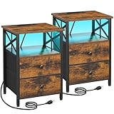 AMHANCIBLE Night Stand Set 2, LED Nightstand with Charging Station, End Tables Living Room with Fabric Drawers, Bedside Table for Bedroom, Rustic Brown, HET052LBR