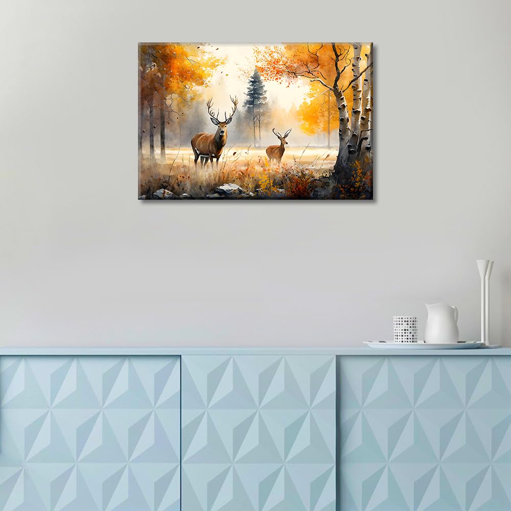 TISHIRON Forest in Autum Wall Art Deer Wall Decor 1 Panel Trees and Wildflowers Wall Pictures for Living Room Home Decor Artwork Stretched with Wooden Frame Ready to Hang (16''Wx 24''H) - Image 2