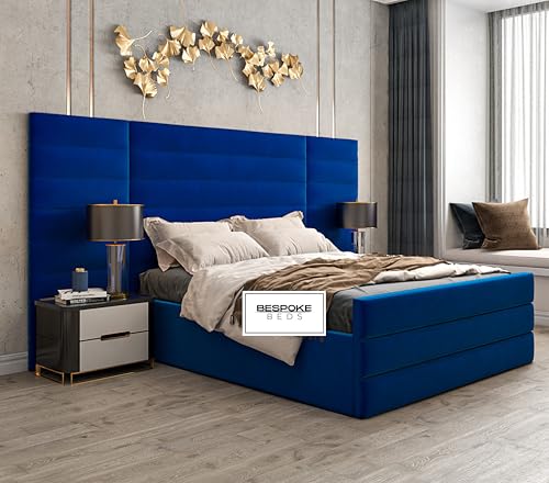 Image of BESPOKE BEDS Upholstered Ottoman Bed Frame with Oversized Wide & Tall Headboard, Plush Velvet Bed Frame Single, Double, King, Super King, UK Handmade (Navy Blue Plush Velvet, 3FT Single)