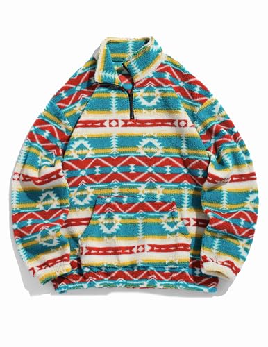 ZAFUL Mens Sweatshirt Vintage Quarter Zip Pullover with Pocket Oversized Fleece Unisex Western Aztec Faux Fur Sherpa Top