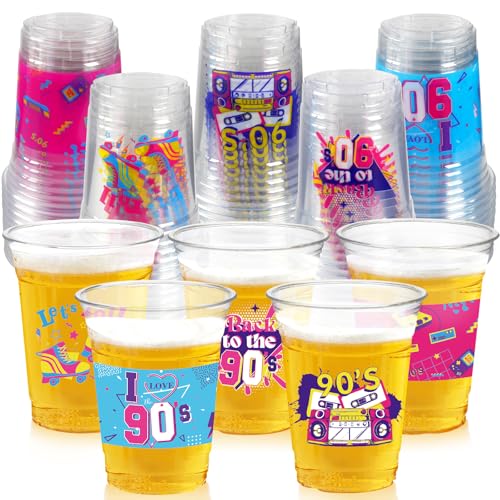 CUPLOOV 90s Theme Party Decoration Cups, 50 Pcs 16 OZ Disposable Plastic Cups for Retro Music Hip Hop Throwback Dance Back to 90's Birthday Party Favor Supplies