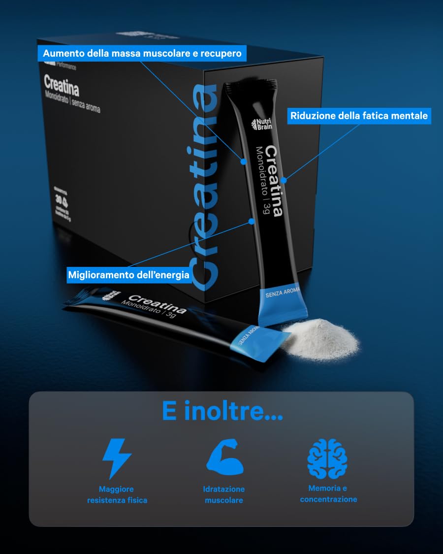 Creatina Monoidrata Pura in Stick 3000 mg | Integratore per Palestra: Forza, Massa Muscolare, Resistenza, Recupero, Energia e Agilità Mentale | Vegana, Senza Glutine, Non OGM | Per Uomo e Donna
