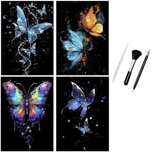 ShipeeKin 4x Kratzbilder Leuchtend 290 x 210 mm A4 Wandbild Kratzbilder Kratzpapiere für Erwachsene Kinder mit Werkzeug Set (Schmetterling) ShipeeKin 4x Kratzbilder Leuchtend 290 x 210 mm A4 Wandbild Kratzbilder Kratzpapiere für Erwachsene Kinder mit Werkzeug Set (Schmetterling)