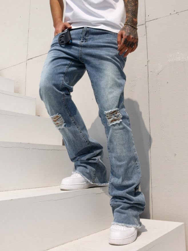 Men's Slim Fit Ripped Distressed Denim Jeans with Frayed Hem Knee Details Stretch Comfort Casual Streetwear Pants4