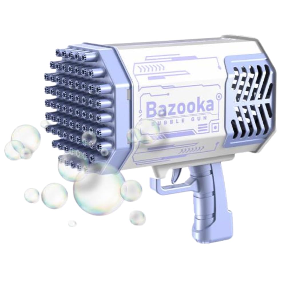 Pistolet à Bulles LED Bazooka 69 Sorties, Violet et Blanc, Batterie Rechargeable, Effets Lumineux Multicolores, pour Enfants