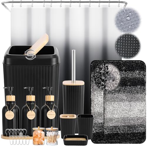 32PCS Bathroom Sets with Shower Curtain and Rugs,Bathroom Set Black Bathroom Accessories Black Shower Curtain Set with Bathroom Trash Can