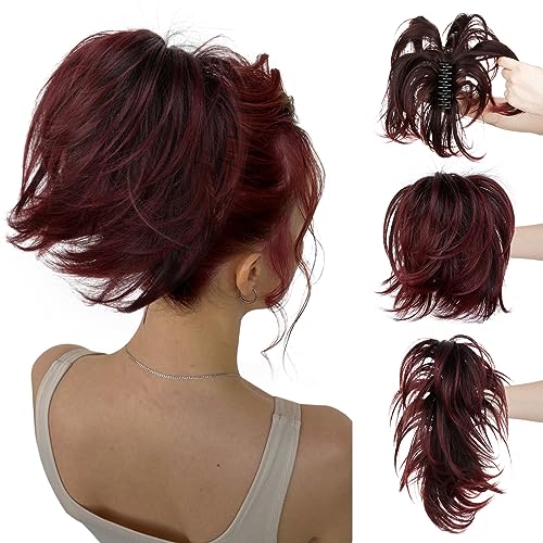 CJL HAIR Claw Clip Short Ponytail Hair Extensions DIY Bendable Metals Messy Bun Hair Piece for Wonen Straight Synthetic Fake Hairpieces Wine Red with Black Root