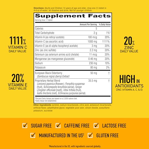 Image of Airborne Elderberry + Zinc & Vitamin C Effervescent Tablets, Immune Support Supplement with Powerful Antioxidant Vitamins A C E, 20 Fizzy Drink Tablets, Elderberry Flavor