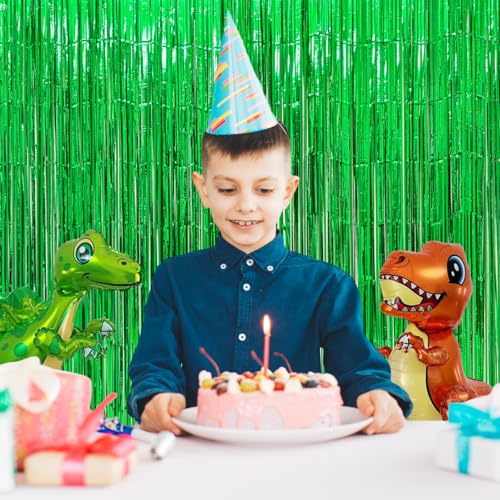 Image of 4 Pack Green Foil Fringe Curtains, 13.2x6.6ft Jungle Theme Streamers Backdrop for Birthday, St Patrick's Day, Christmas, Dinosaur, Animal, Football Themed Party| Green Streamers Party Decorations