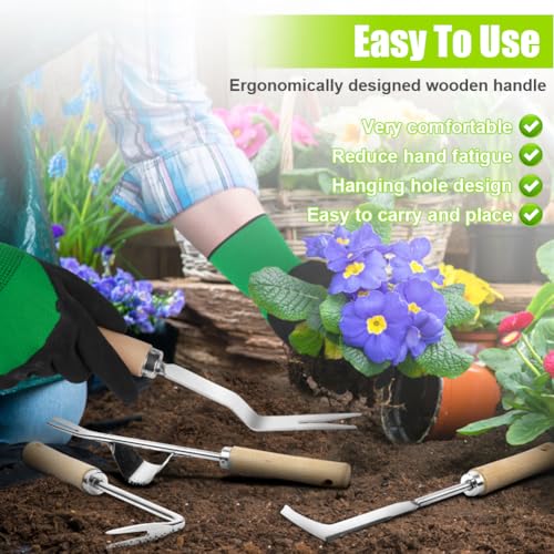 Adiwo 3 Piezas Desherbador Manual, Herramientas de Deshierbe, Acero Inoxidable, Kit Jardinería, Desherbador de Raíces, Mango de Madera, Mango Ergonómico, para Excavar Deshierbar Trasplantar - imagen 6