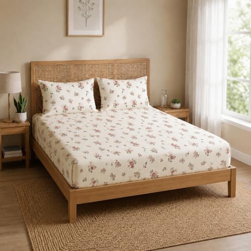 Image of HOMEMONDE 186 TC Soft Cotton Fitted Sheet Floral Printed Queen Size Elastic Fitted Bedsheet with Two Pillow Covers - (78 x 72 Inches, Blush Garden) | Perfect for Home Decor & Gifting