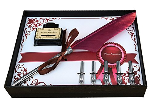 Calligraphy Pen Set | Antique Burgundy Feather French Quill Kit with 5 Extra Nibs, Bottled Dip Ink & Elegant Storage Case | Learn Islamic Art Arabic Lettering | Best Holiday Gift by FinestImpressions