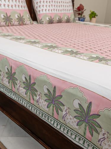 Image of Pichwai Premium Hand Block Printed Bedsheet | Bed Sheet Flatsheet | Pure Cotton | Double Bed King Size 108 inchx108 inch | 300 TC Bedsheets | Includes 2 Pillow Covers | Tree Spread