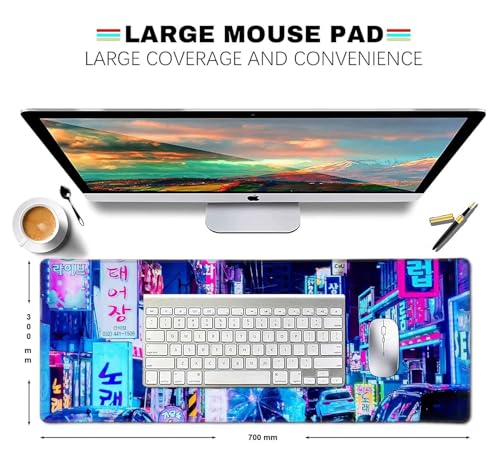 Image of Large Extended Long 700 x 300 mm Mouse Pad for Keyboard & Mouse | Water Resistant Anti Slip Surface Ideal for Office Home and Gaming Setup (Neon Street -16)