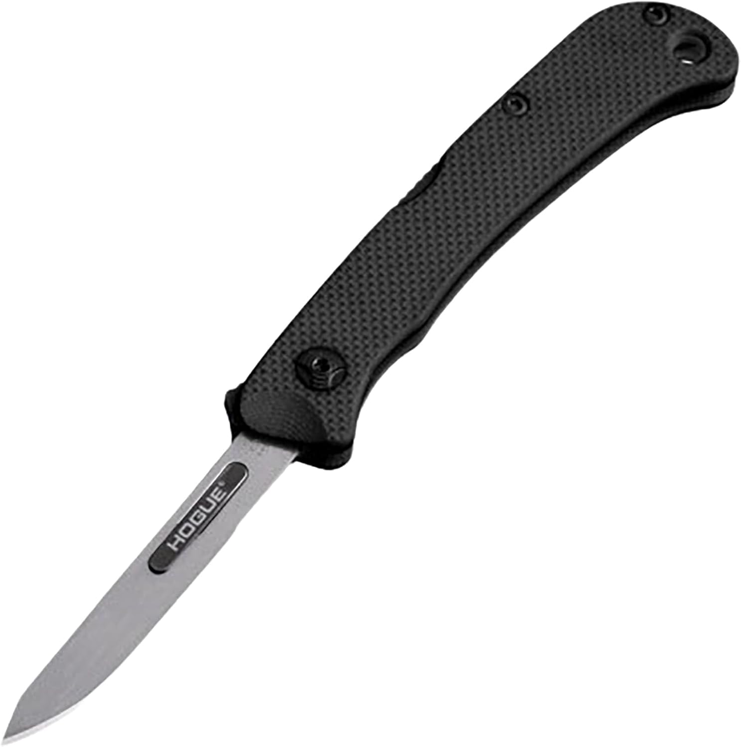 Hogue Expel 2.5” Replaceable High Carbon Steel Blade, Stainless Steel w/ Peel-Ply Textured G10 Frame, Folding Scalpel Knife, Solid Black - 35836