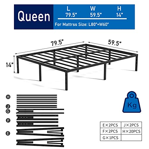Vengarus 14 Inch Metal Platform Bed Frame,Steel Slat Support,No Box Spring Needed,Easy Assembly,Storage Space Under The Bed-Queen Bed Frame #TOP2