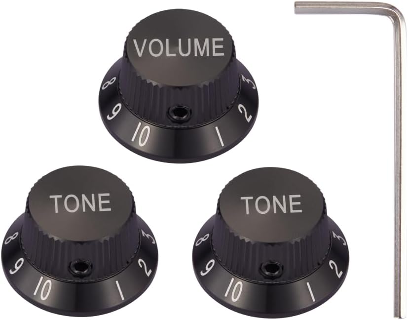 KAISH Premium Metal 1/4" Universal Guitar Potentiometer Knobs Aluminium Volume Tone Top Hat Bell Knobs with Set Screw for Strat/Ibanez/Yamaha/Les Paul 2*Volume 2*Tone Black
