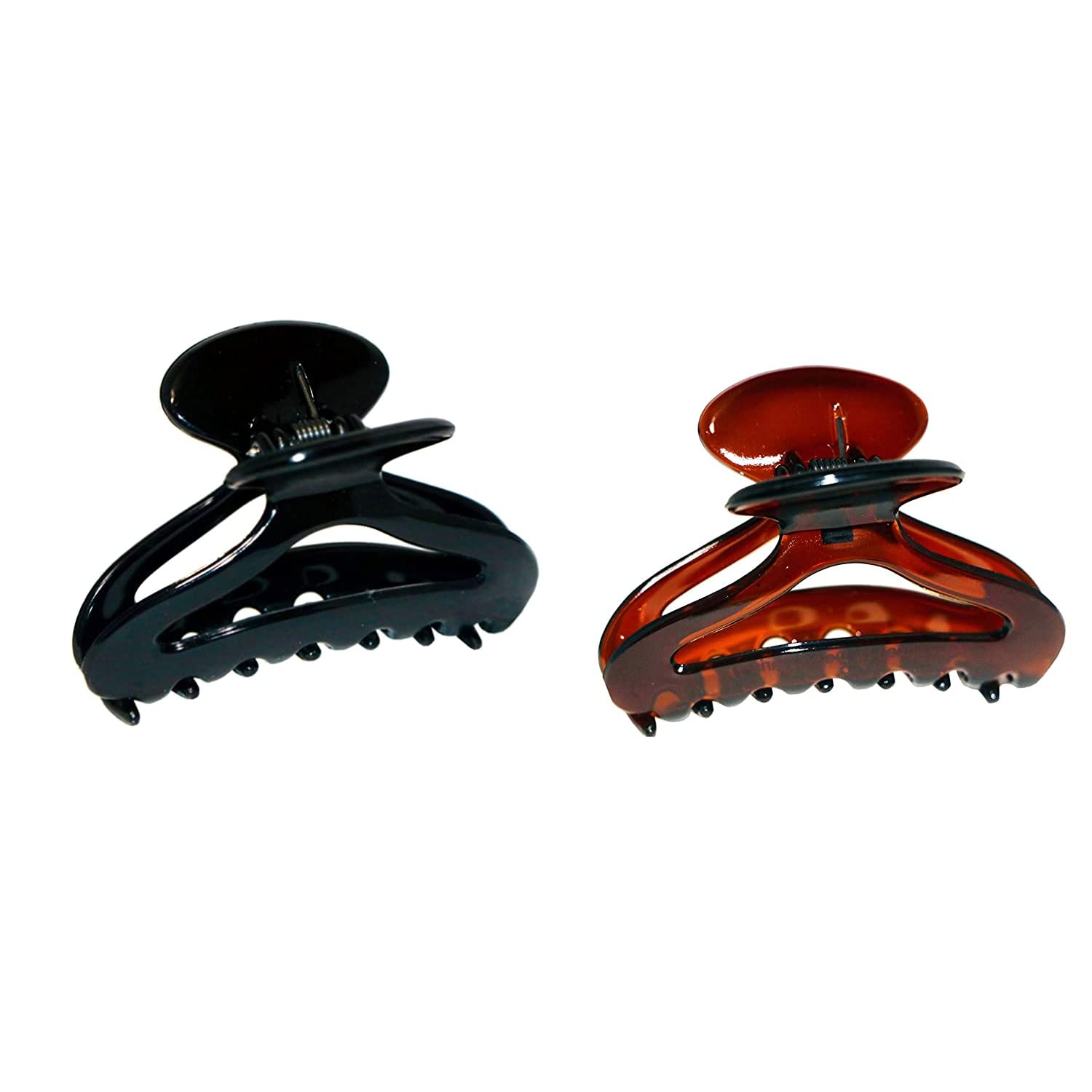 Parcelona French Flat Cutout Black and Tortoise Shell Brown Medium 3" Set of 2 Celluloid Hair Claw Clip Women Hair Accessories, Made in France