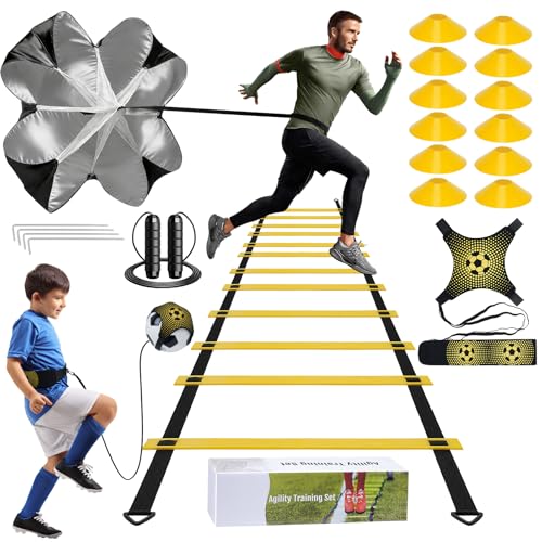 Sockywin Kit Entrenamiento Futbol Juego Escalera de Agilidad 6 m 12 Peldaños con 12 Conos, 4 Estacas, Paracaídas en Marcha, Fútbol Kick Throw Trainer para Niños y Adulto para Entrenamiento