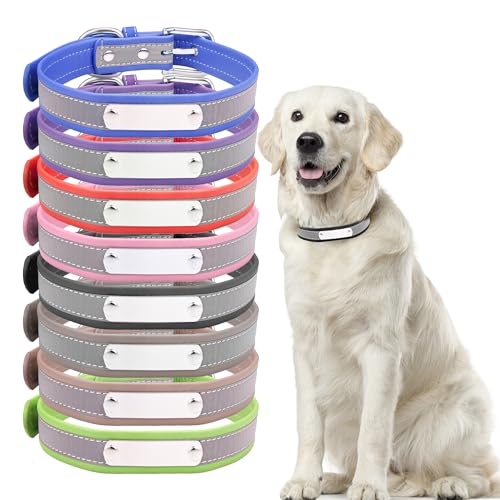 Reflektierend Halsband für Hunde aus Leder Personalisierte Hundehalsband mit Namen Gravur Hellbraun Halsband mit Namenschild für den kleinen Hund, Hundehalsbänder S