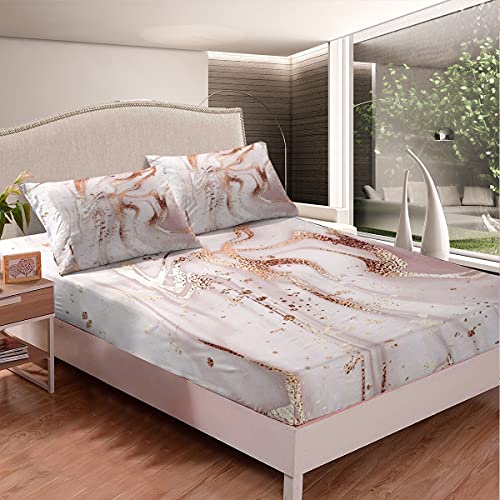 Rose Gold Marble Fitted Sheet Marble Bed Sheet Set For Kids Children Teens Golden Glitter Cracked Lines Bedding Set Liquid Abstract Art Bed Cover Single Size 3Pcs - Image 2