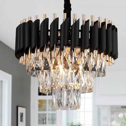 Image of Modern Crystal Chandelier Ceiling Light for Living Room, Dining Hall & Hotel | Luxury Pendant Jhoomar with K9 Crystals | 400MM Black Gold