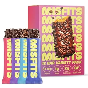 Misfits Protein Bar Variety Pack | Nutrition Bars – 14-15g Protein, 1g Sugar, Plant-based, Low Carb, Non-GMO, Gluten Free Snacks | Pack of 12, Multiple Flavors