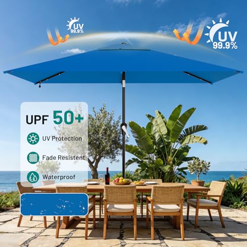 Image of AreShark 6.5' x 10' Rectangular Patio Umbrella with Solar Lights, Solar Powered Lighted Market Umbrella w /Tilt and Crank, Outdoor Table Umbrella for Garden, Deck, Backyard, Pool and Beach, Royal Blue