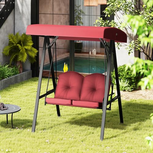 Image of HAPPYGRILL 2-Person Porch Swing, Outdoor Loveseat Swing with Adjustable Canopy & Heavy-Duty Metal Frame, Cushioned Swing with Stand for Porch, Backyard, Garden (Wine)