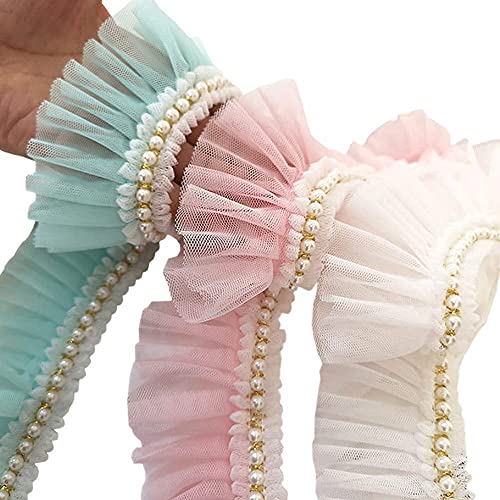 Tong Gu 2 Yard Pearl Beaded and Lace Net Fabric Pleated Ruffle Edge Frill Sewing Trim Ribbon Craft DIY (Light Pink)